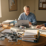 Insurance adjuster meets disaster victims at paperwork table