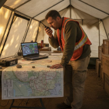 Emergency coordinator reviews disaster shelter map